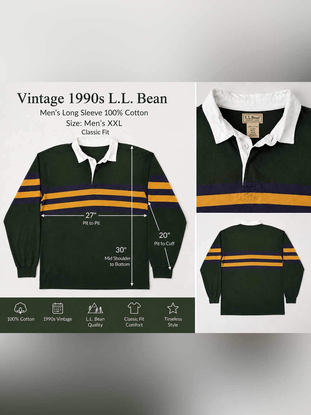 L.L. Bean Rugby Shirt Men’s XXLL 100% vintage Cotton Green Striped Long Sleeve